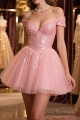Shiny Beadings Off the Shoulder Pink Short Homecoming Formal Prom Dresses, Off Shoulder Pink Beaded Formal Graduation Evening Dresses