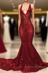 Shiny Mermaid Long V Neck Red Sequins Formal Prom Dress