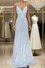 Shiny Mermaid Sequins Long White Formal Prom Dress V Neck Sleeveless Formal Dress