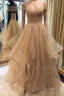 Shiny Off Shoulder Champagne Long Formal Prom Dresses, Off the Shoulder Champagne Formal Dresses, Fluffy Champagne Evening Dresses