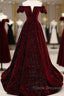 Shiny Off The Shoulder Burgundy Long Formal Prom Dress, Wine Red Long Formal Evening Dress