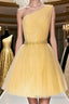 Shiny One Shoulder Yellow Short Formal Prom Homecoming Dresses with Belt, Short One Shoulder Yellow Formal Evening Dresses