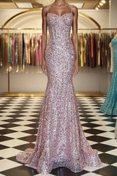 Shiny Sequins Mermaid Pink Long Formal Prom Dresses, Sweetheart Neck Pink Formal Dresses, Mermaid Pink Evening Dresses