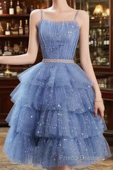 Shiny Short Puffy Blue Formal Prom Dress A-Line Puffy Homecoming Dress