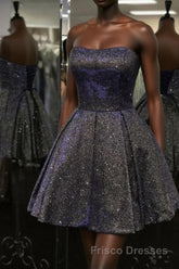 Shiny Strapless Open Back Short Black Formal Prom Dresses, Open Back Black Homecoming Dresses, Black Formal Evening Dresses