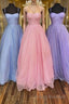 Shiny Tulle Open Back Long Formal Prom Dresses, Long Tulle Formal Graduation Evening Dresses
