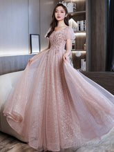 Shiny Tulle Pink Short Sleeves Sweetheart Prom Dress, A-Line Pink Tulle Evening Dress