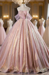 Shiny Tulle Sequins Long Formal Prom Dress, Beautiful Pink Formal Dress Sweet 16 Dress