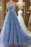 Shiny Tulle V Neck Blue Long Formal Prom Dresses, Blue Tulle Formal Evening Dresses, Blue Ball Gown