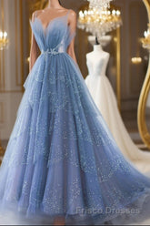 Shiny Tulle V Neck Blue Long Formal Prom Dresses, Blue Tulle Formal Evening Dresses, Blue Ball Gown