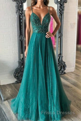 Shiny V Neck Backless Beaded Green Tulle Long Formal Prom Dresses, Green Lace Formal Dresses, Beaded Evening Dresses