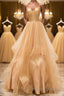 Shiny V Neck Backless Golden Long Formal Prom Dresses, Backless Golden Formal Dresses, Golden Evening Dresses