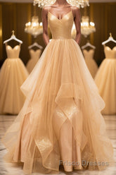 Shiny V Neck Backless Golden Long Formal Prom Dresses, Backless Golden Formal Dresses, Golden Evening Dresses