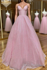 Shiny V Neck Backless Pink Long Formal Prom Dresses, Backless Pink Formal Graduation Evening Dresses