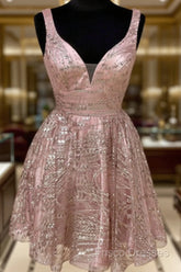 Shiny V Neck Short Champagne Formal Prom Dress, Short V Neck Champagne Graduation Formal Dress