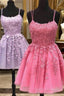 Short A Line Thin Straps Purple/Hot Pink Lace Formal Prom Dress, Purple/Hot Pink Lace Homecoming Dress, Lilac/Hot Pink Short Formal Dress