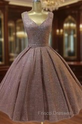 Short Ball Gown Formal Prom Homecoming Dress Sequins V Neck