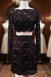 Short Black Lace Two Piece Formal Prom Dress