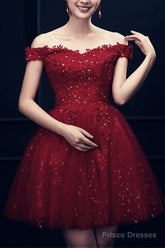 Short Burgundy Prom Dresses Sequin Lace