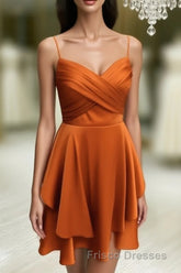 Short Burnt Orange Satin Cocktail Dress V-neck Semi Formal Prom Dress