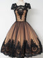 Short Cap Sleeves Black Lace Prom Dresses, Short Black Lace Graduation Homecoming Dresses