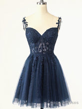 Short Dark Navy Blue Lace Prom Dresses, Dark Blue Lace Formal Homecoming Dress