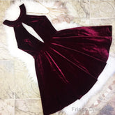 Short Halter Top Burgundy Velvet Homecoming Dresses