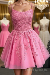 Short Pink Backless Lace Formal Prom Dresses, Short Pink Open Back Formal Homecoming Dresses