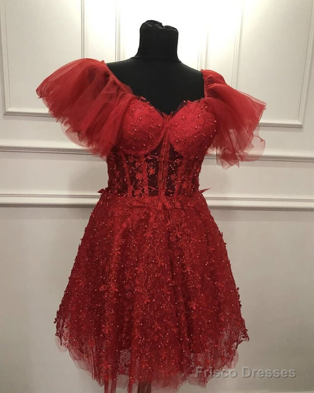 Short Red Lace Corset Cottagecore Prom Dress – Frisco Dresses