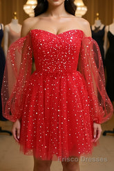 Short Red Long Sleeves Tulle Formal Prom Dresses, Short Red Long Sleeves Formal Homecoming Dresses