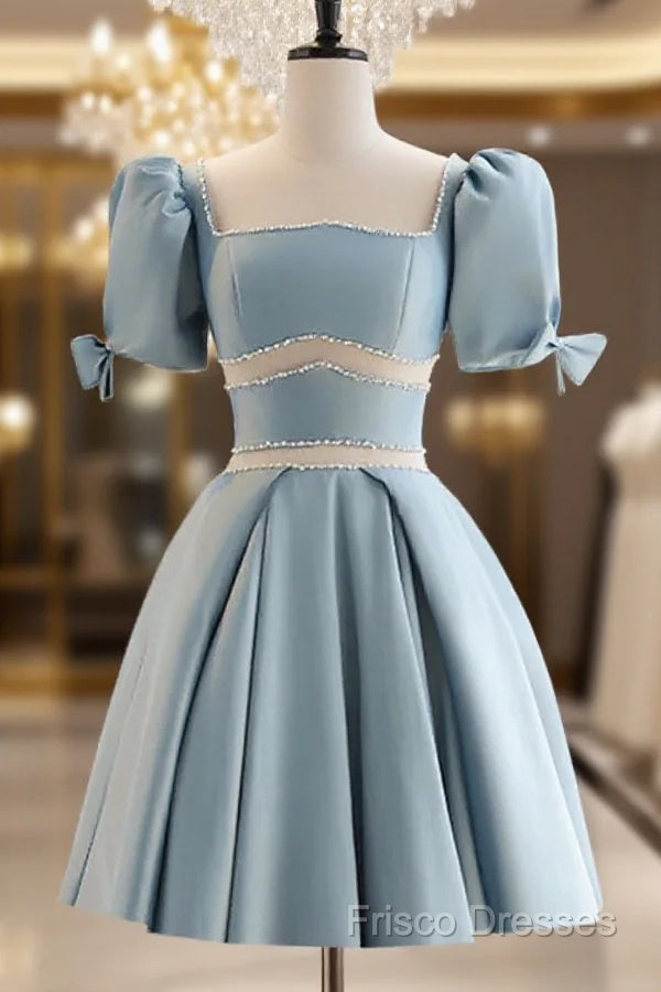 Short Sleeves Short Blue Formal Prom Dress, Short Blue Formal Homecomi