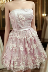 Short Strapless Homecoming Dress With 3D Lace Flowers