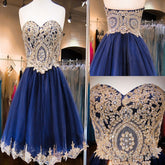 Short Sweetheart Sleeveless Lace Rhinestone Beads Royal Blue Appliques Open Back Chiffon Homecoming Dress