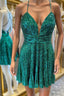 Short V Neck Green Sequins Formal Prom Dresses, V Neck Green Sequins Formal Homecoming Dresses