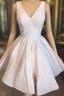 Short V Neck Light Pink Satin Formal Prom Dress, Short V Neck Pink Formal Graduation Dress
