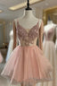Short V Neck Pink Lace Formal Prom Dress, Short Pink Lace Graduation Homecoming Dress