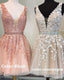 Short V-neck Tulle Formal Prom Homecoming Dress Lace Embroidery