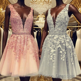 Short V-neck Tulle Formal Prom Homecoming Dress Lace Embroidery