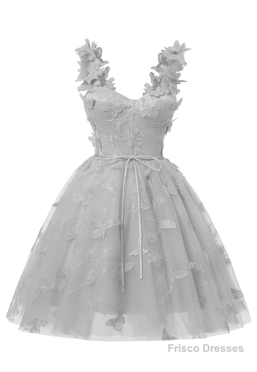 Silver 3D Butterfly Lace Applique Tulle Homecoming Dress for Teens Swe Frisco Dresses Silver 3D Butterfly Lace Applique Tulle Homecoming Dress for Teens Swe Frisco Dresses