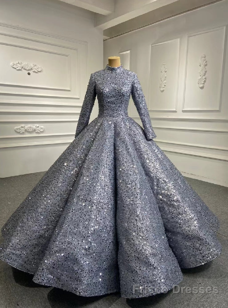Silver Ball Gown Sequins Long Sleeve Prom Dress – Frisco Dresses