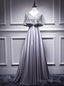 Silver Gray Satin Lace V-neck Bat Pearls Prom Dress