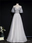 Silver Gray Tulle Short Sleeve Beading Sequins Prom Dress