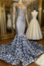 Silver Rosette Long Sleeve Mermaid Formal Prom Dress