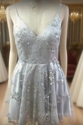 Silver Sequin Lace V Neck Tulle Homecoming Dress Short Formal Prom Gowns