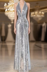 Silver Sequins Sheath V-Neck Long Formal Prom Dress Shiny Evening Dress