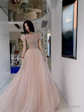 Simple A Line Champagne Tulle Prom Dresses Evening Dress