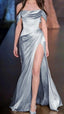Simple A-Line Off The Shoulder Blue Satin Long Prom Dresses Formal Evening Dress
