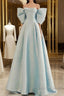 Simple A Line Off The Shoulder Blue Satin Long Formal Prom Dress
