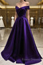 Simple A Line Off The Shoulder Purple Satin Long Formal Prom Dress