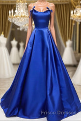Simple A Line Royal Blue Satin Long Formal Prom Dresses, Royal Blue Formal Dresses, Cheap Royal Blue Evening Dresses